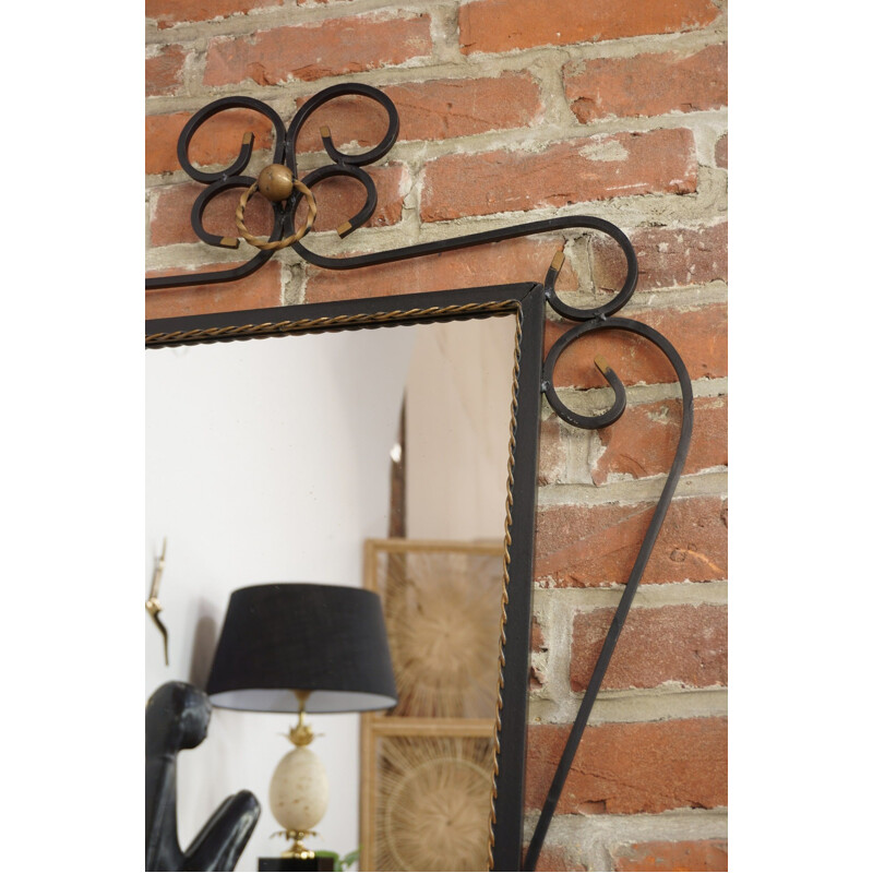 Vintage Black wrought iron and golden twist contour mirror 1950s