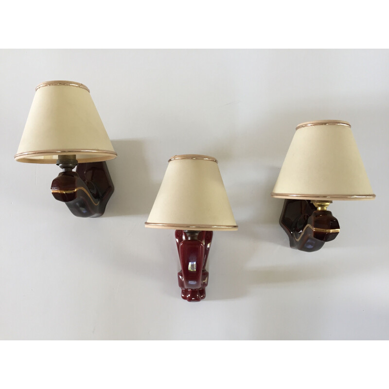 Set of 3 vintage enamelled ceramic wall lights 1940s