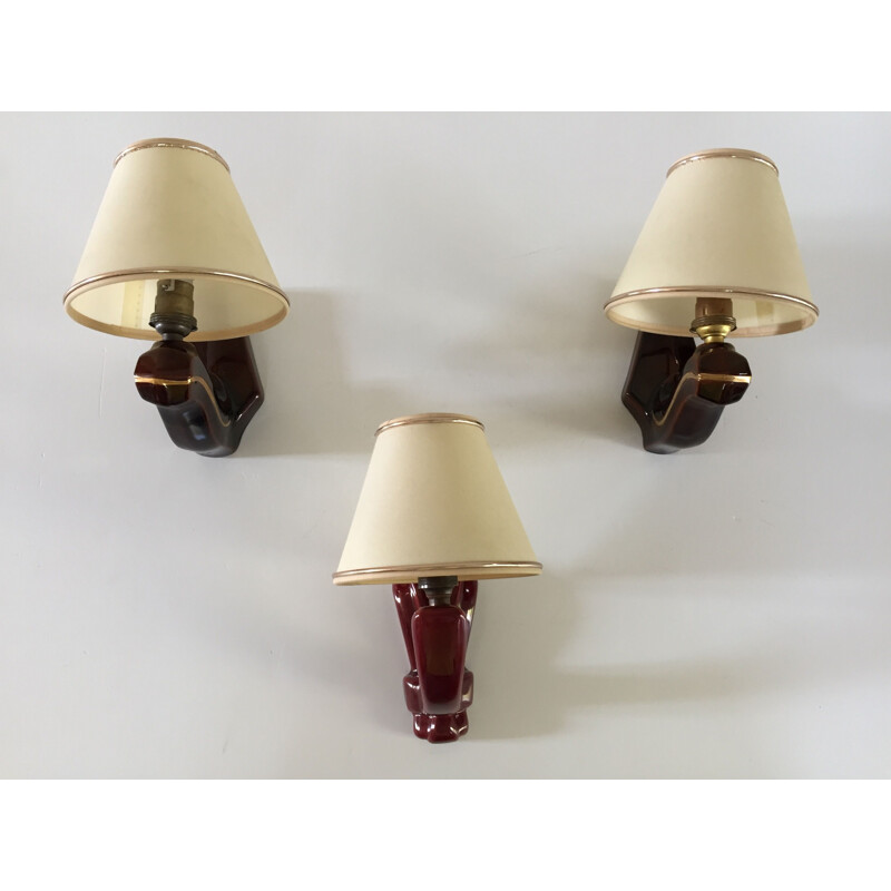 Set of 3 vintage enamelled ceramic wall lights 1940s