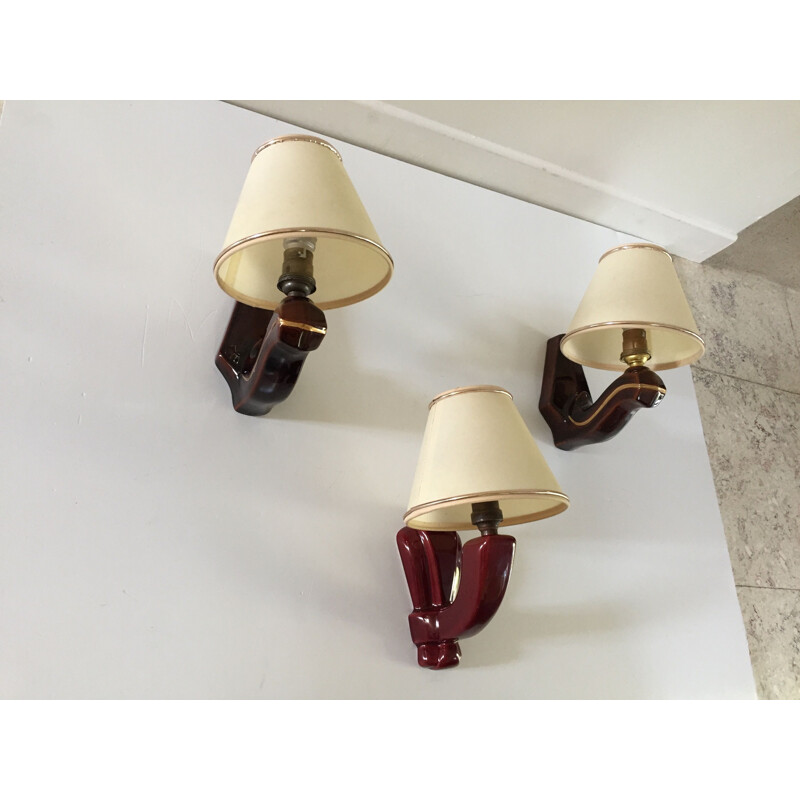 Set of 3 vintage enamelled ceramic wall lights 1940s