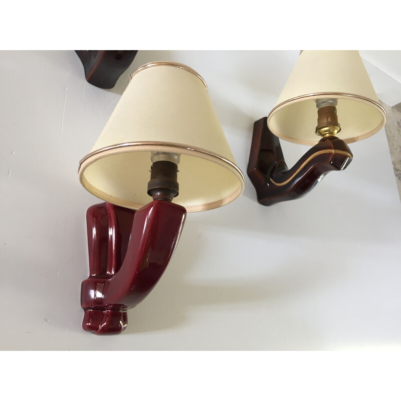 Set of 3 vintage enamelled ceramic wall lights 1940s