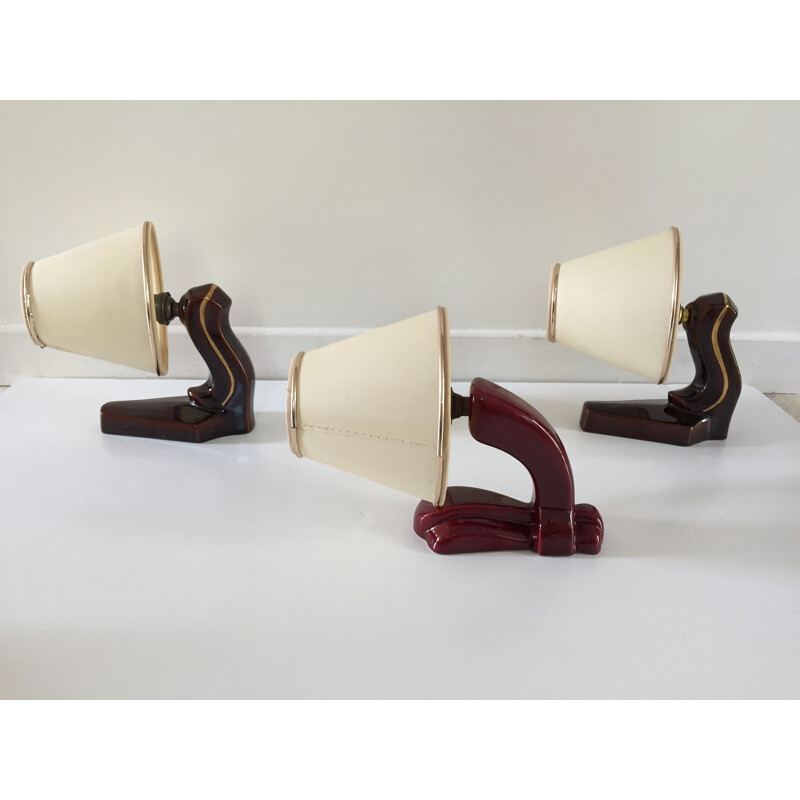 Set of 3 vintage enamelled ceramic wall lights 1940s