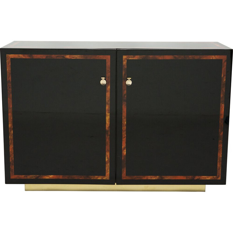 Vintage black lacquered burr and brass sideboard by Jean Claude Mahey, 1970