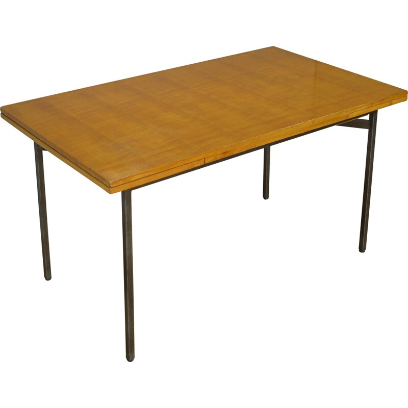 Extendable dining table in elm and steel, Bernard MARANGE - 1950s