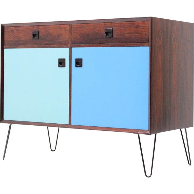 Small blue sideboard in rosewood with hairpin legs - 1960s