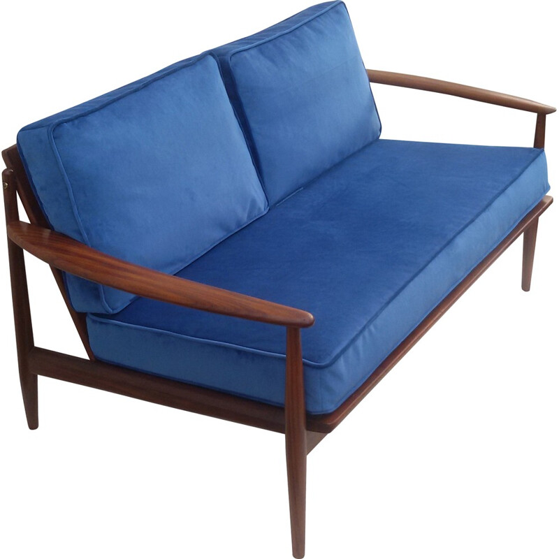 Canapé 2 places en teck massif et tissu bleu, Grete JALK - 1960