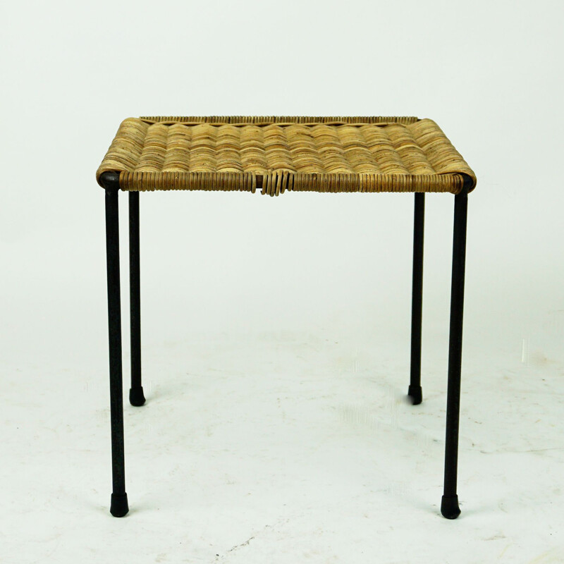 Table d'appoint ou tabouret vintage en acier noir et osier de Carl Auböck, Autrichien 1950