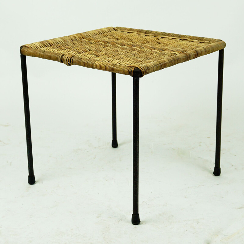 Vintage Black Steel and Wicker Side Table or Stool by Carl Auböck, Austrian 1950s