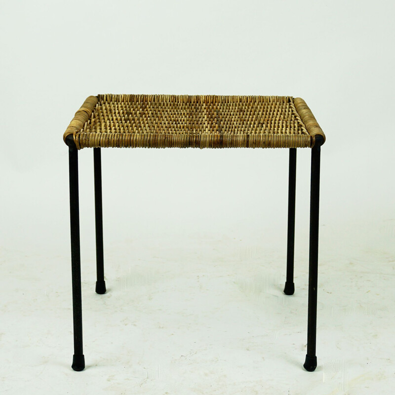 Vintage Black Steel and Wicker Side Table or Stool by Carl Auböck, Austrian 1950s