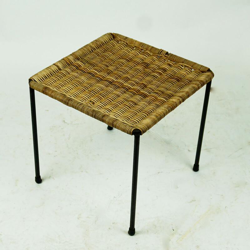 Vintage Black Steel and Wicker Side Table or Stool by Carl Auböck, Austrian 1950s