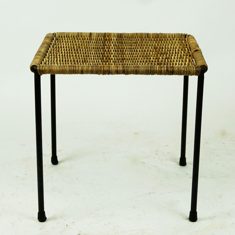 Vintage Black Steel and Wicker Side Table or Stool by Carl Auböck, Austrian 1950s