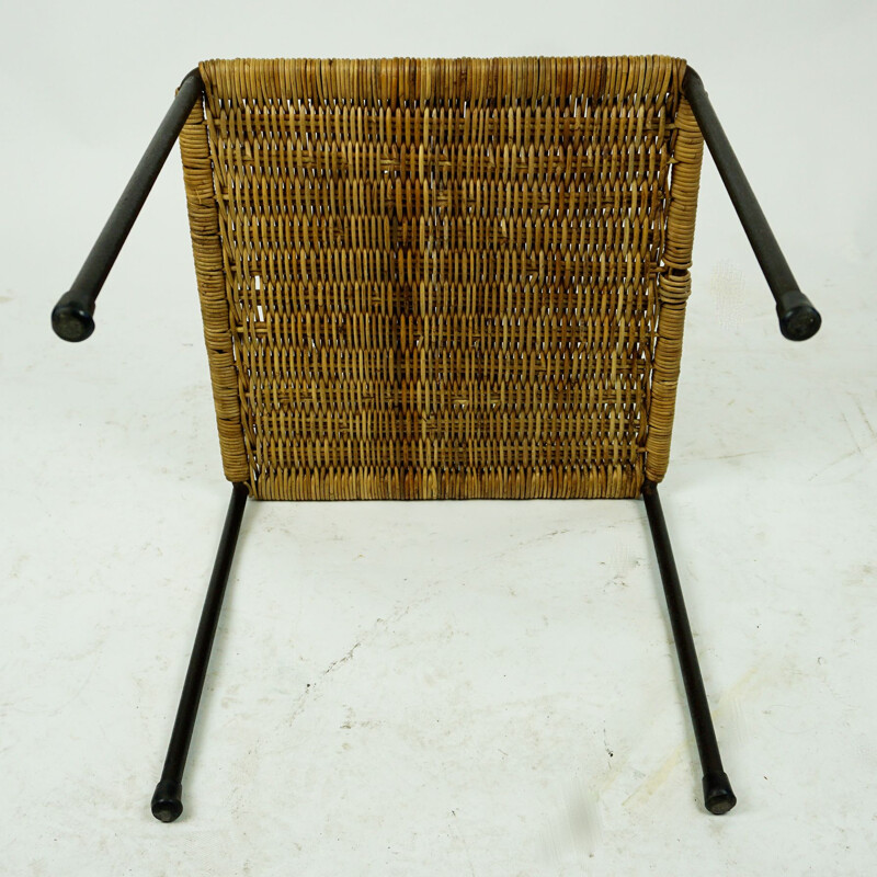 Vintage Black Steel and Wicker Side Table or Stool by Carl Auböck, Austrian 1950s