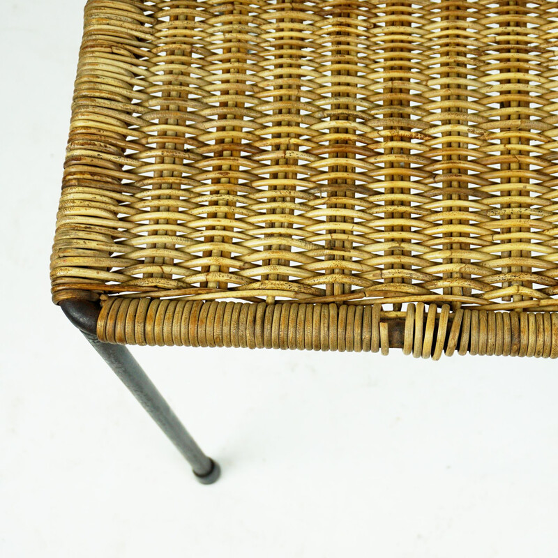 Vintage Black Steel and Wicker Side Table or Stool by Carl Auböck, Austrian 1950s