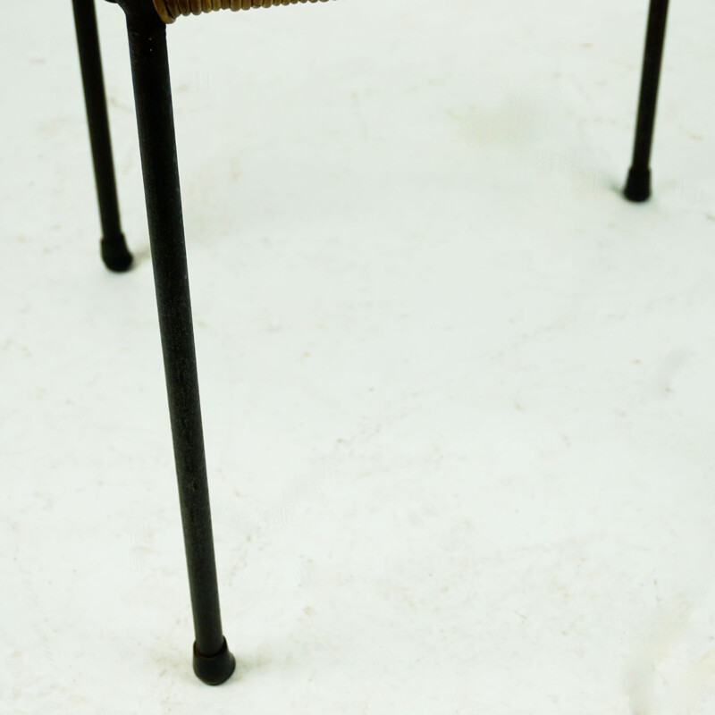 Vintage Black Steel and Wicker Side Table or Stool by Carl Auböck, Austrian 1950s