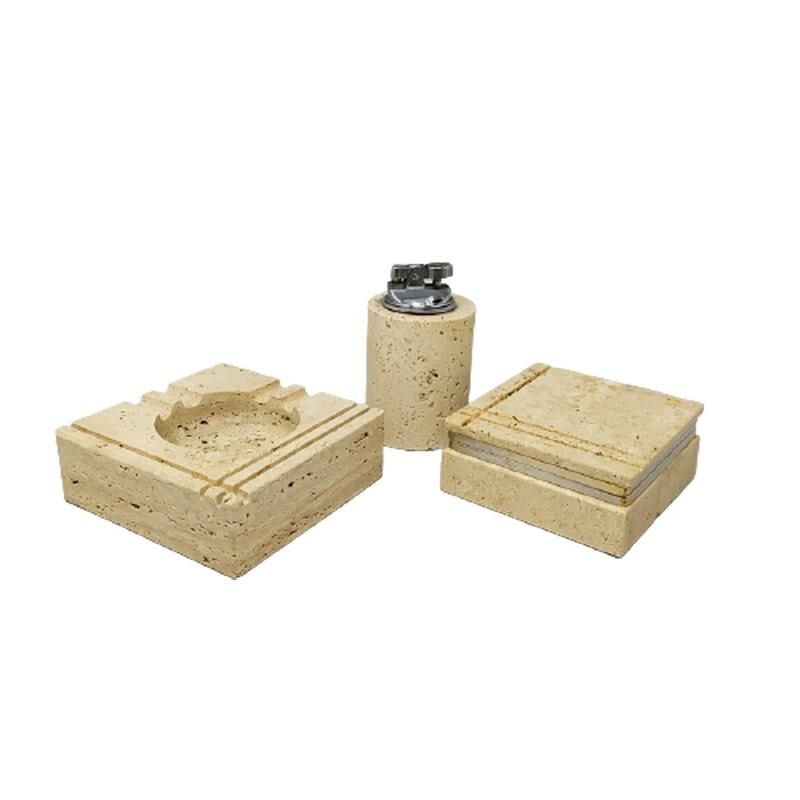 Vintage Original Smoking Set in Travertine by Enzo Mari for F.lli Mannelli 1970s