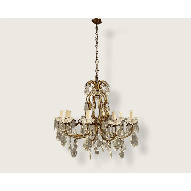 Large vintage Crystal Bronze Chandelier 1950s