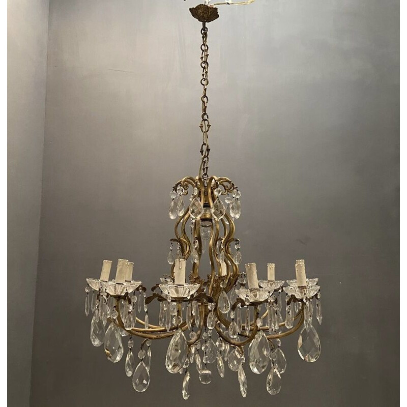 Large vintage Crystal Bronze Chandelier 1950s