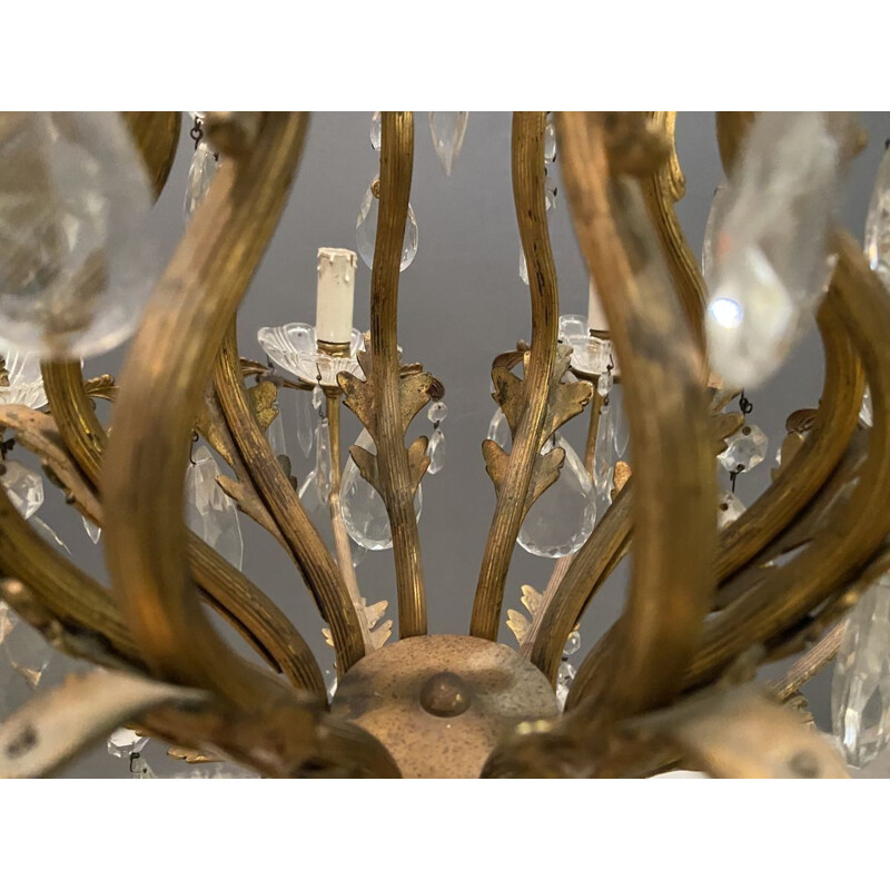 Grand lustre vintage en bronze cristal 1950
