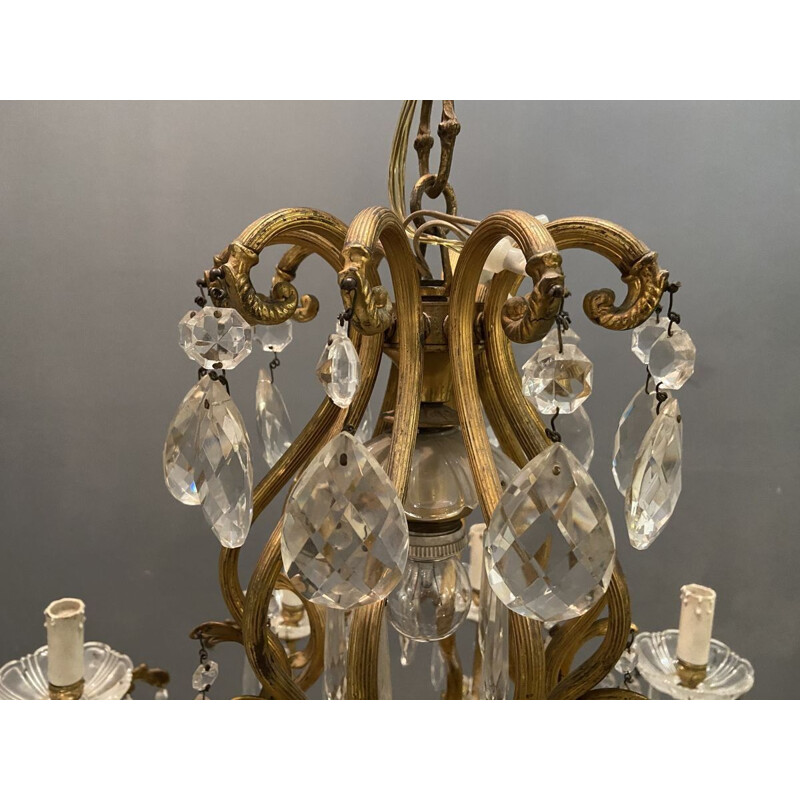 Large vintage Crystal Bronze Chandelier 1950s