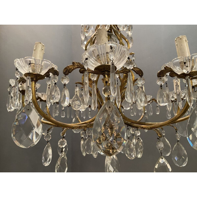 Large vintage Crystal Bronze Chandelier 1950s