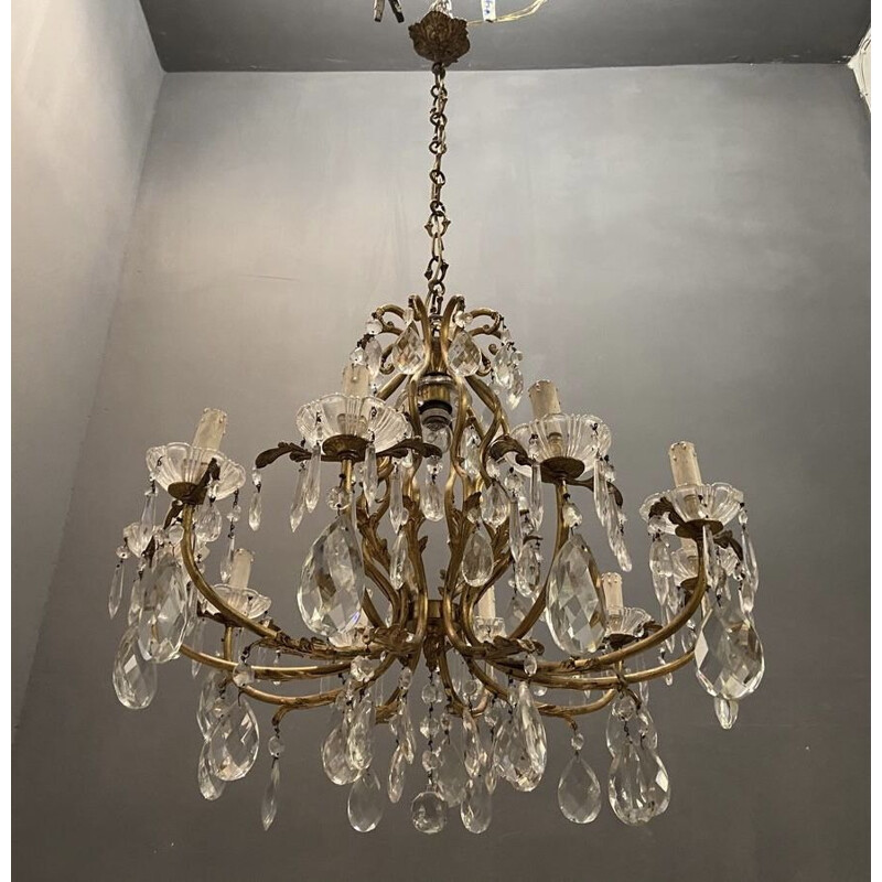 Large vintage Crystal Bronze Chandelier 1950s