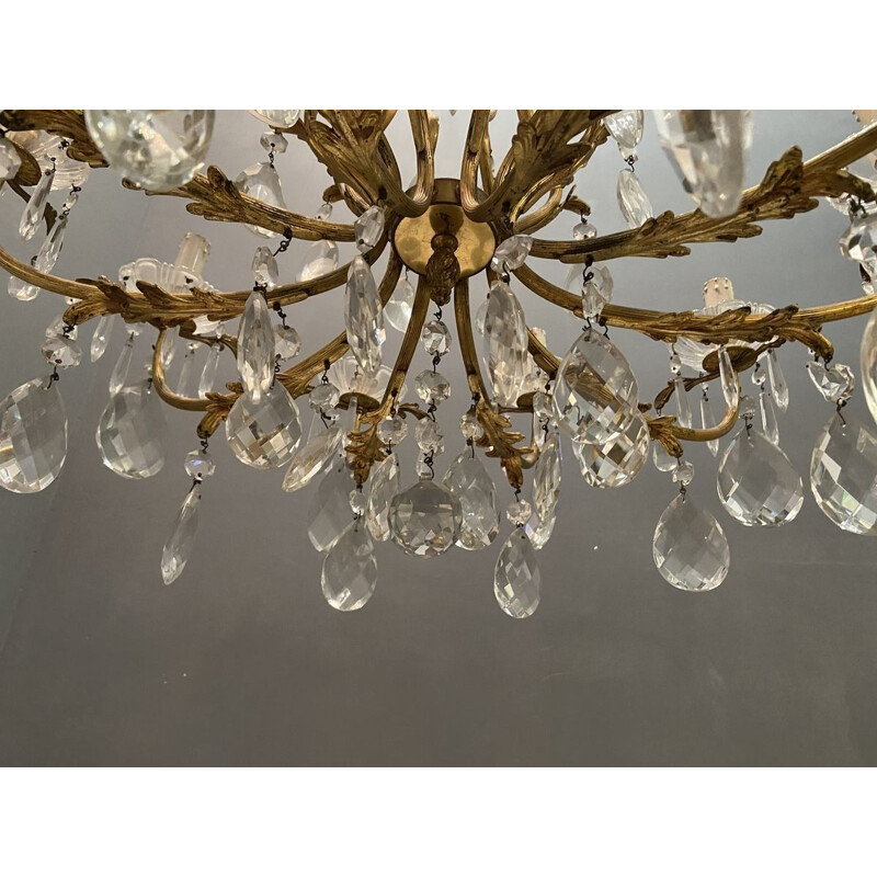 Large vintage Crystal Bronze Chandelier 1950s