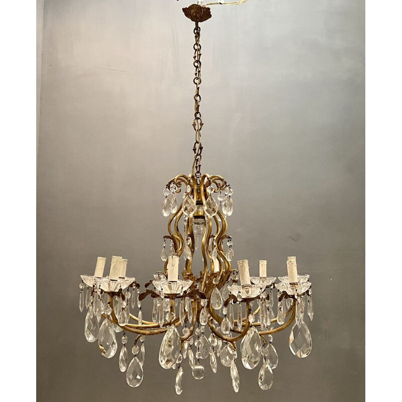 Large vintage Crystal Bronze Chandelier 1950s