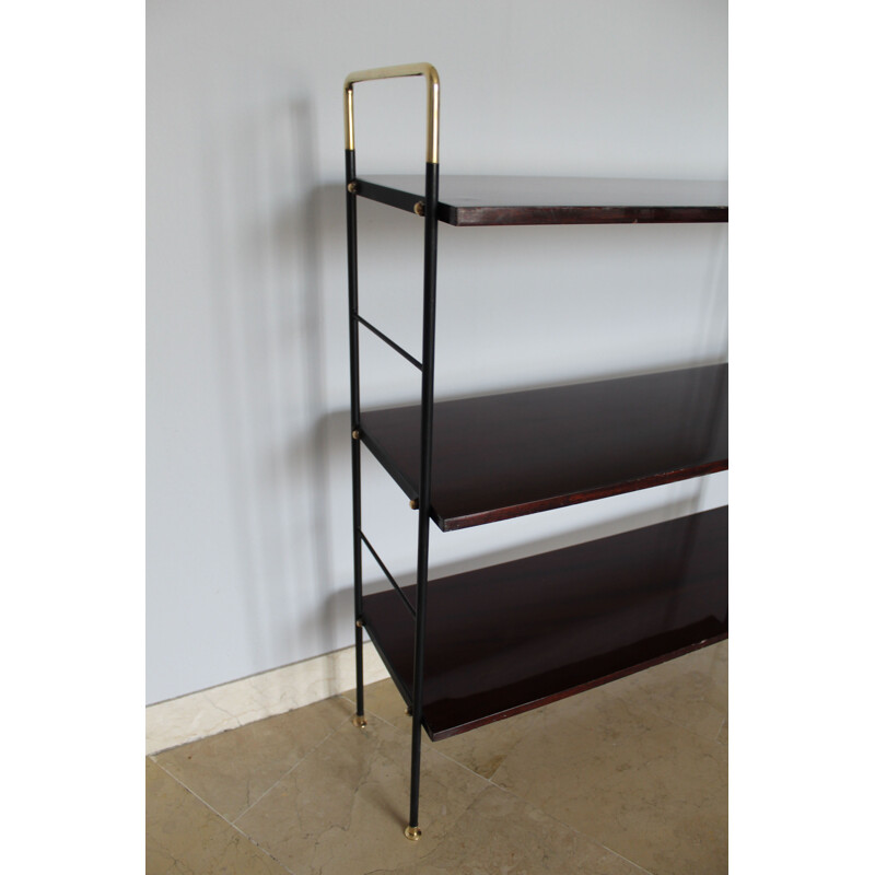 Vintage Etager bookcase in rosewood brass and iron, Italian 1950s