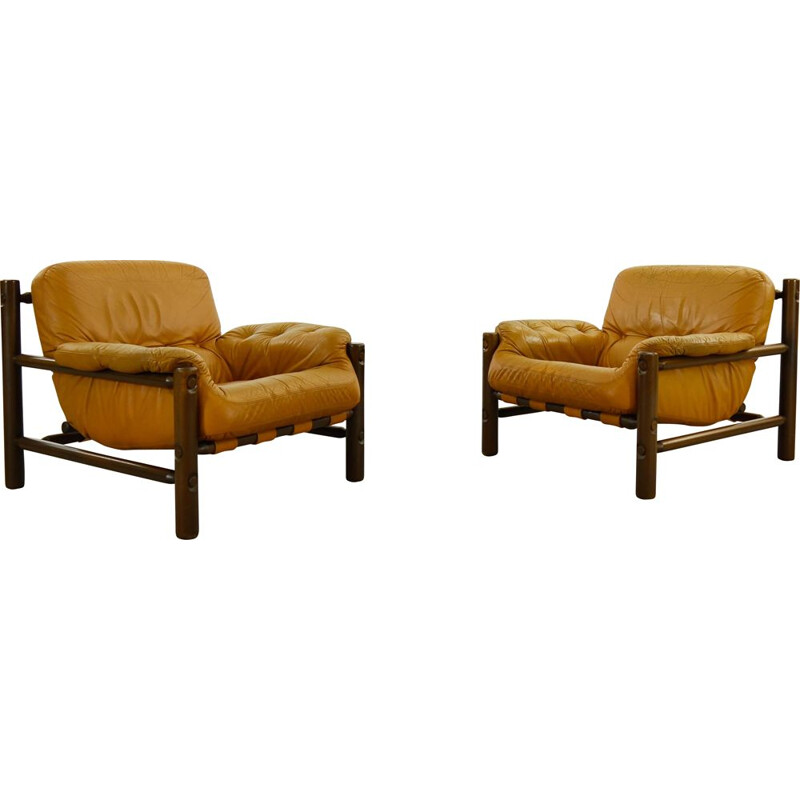 Paire de fauteuils lounge vintage en cuir cognac, Brésil 1970