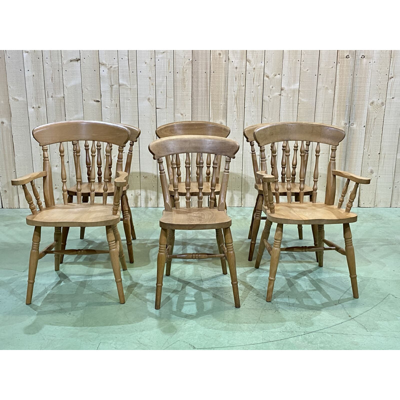 Set of 4 chairs and 2 vintage beechwood armchairs, English 1980s