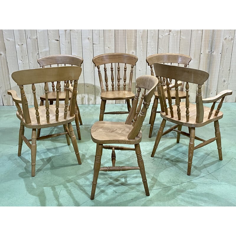 Suite de 4 chaises et 2 fauteuils vintage en hêtre, Anglais 1980