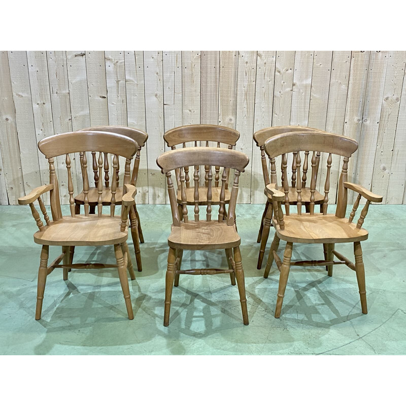 Set of 4 chairs and 2 vintage beechwood armchairs, English 1980s