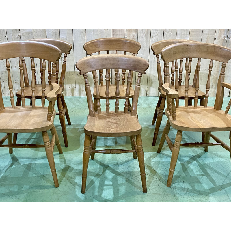 Set of 4 chairs and 2 vintage beechwood armchairs, English 1980s