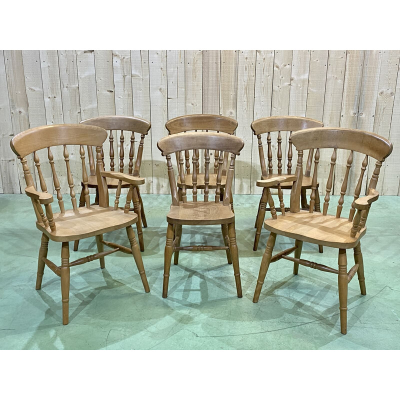 Set of 4 chairs and 2 vintage beechwood armchairs, English 1980s