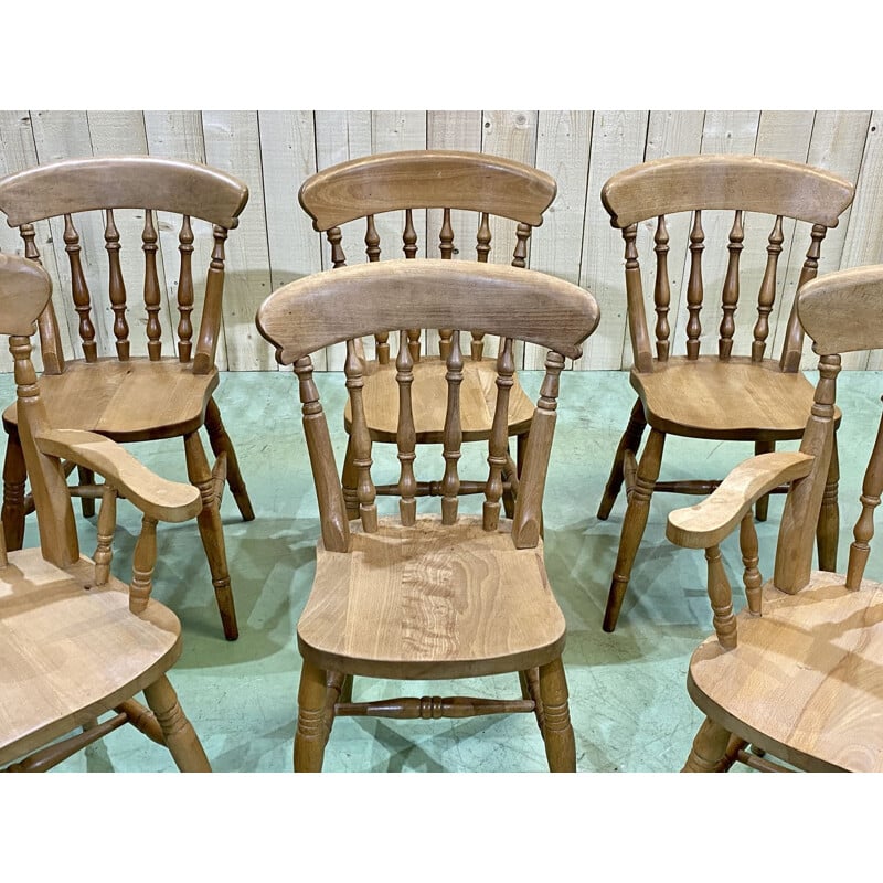 Suite de 4 chaises et 2 fauteuils vintage en hêtre, Anglais 1980