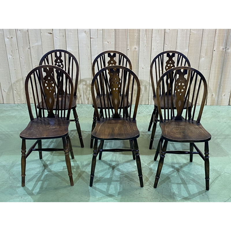 Lot of 6 vintage elm bistro chairs, English 1970s