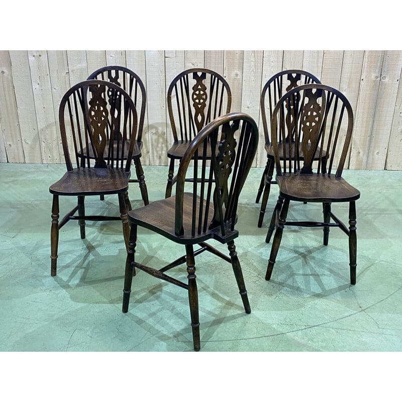 Lot of 6 vintage elm bistro chairs, English 1970s