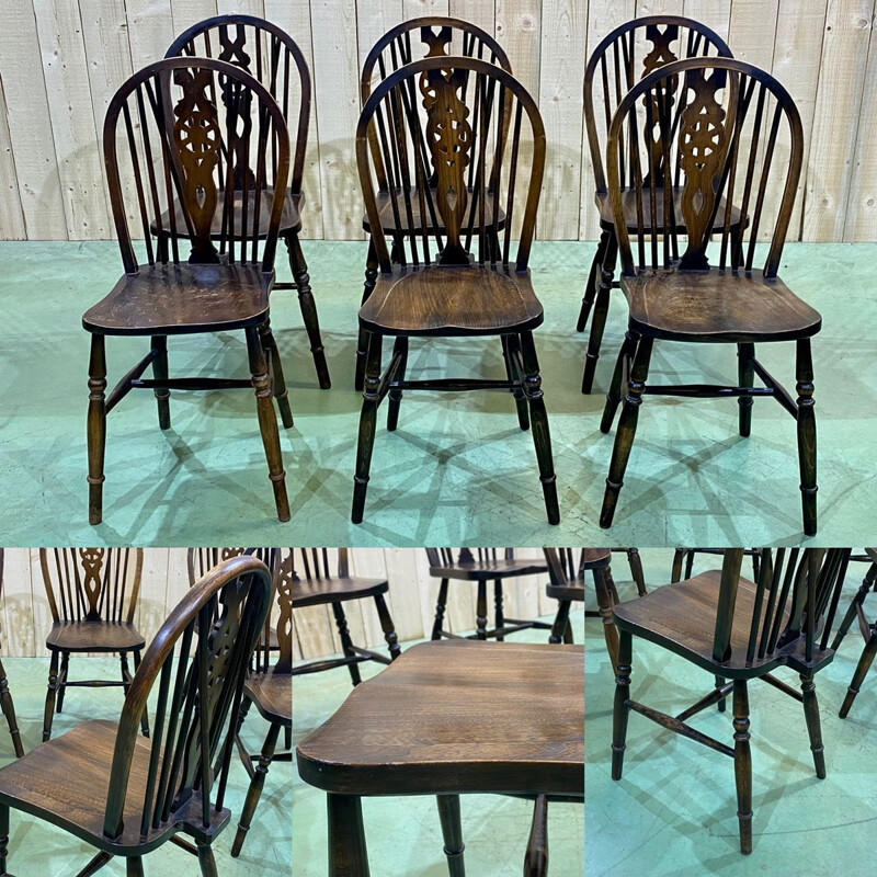 Lot of 6 vintage elm bistro chairs, English 1970s