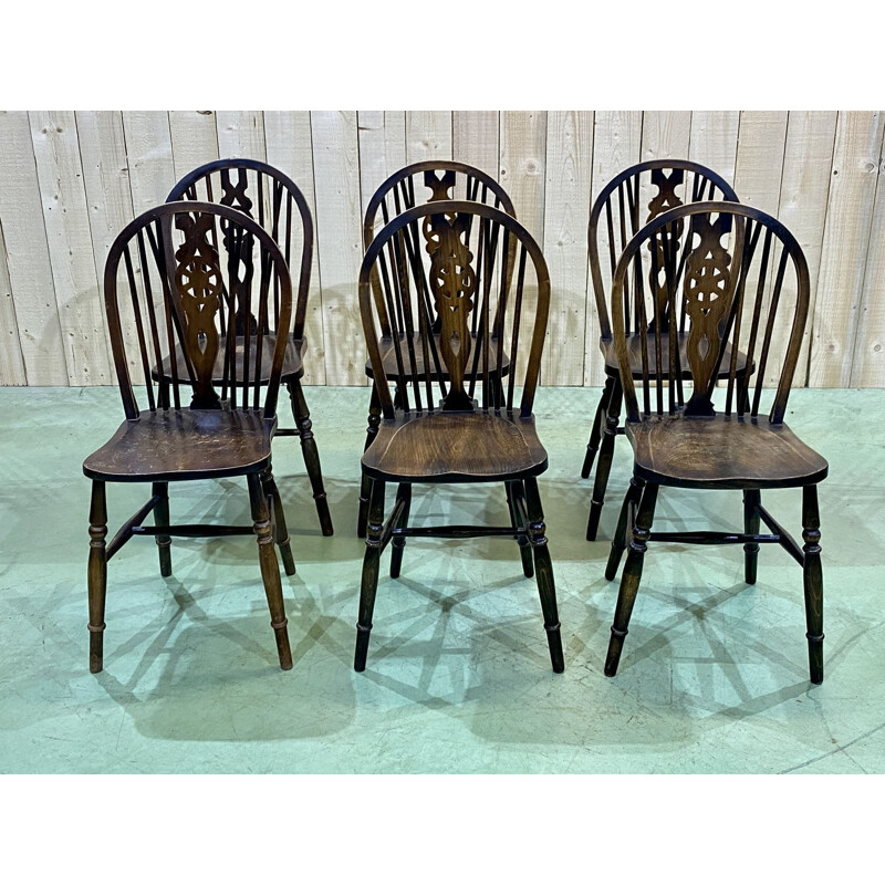 Lot of 6 vintage elm bistro chairs, English 1970s