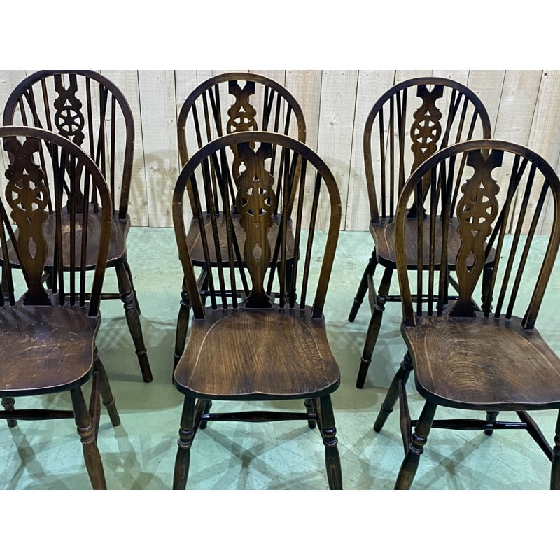 Lot of 6 vintage elm bistro chairs, English 1970s