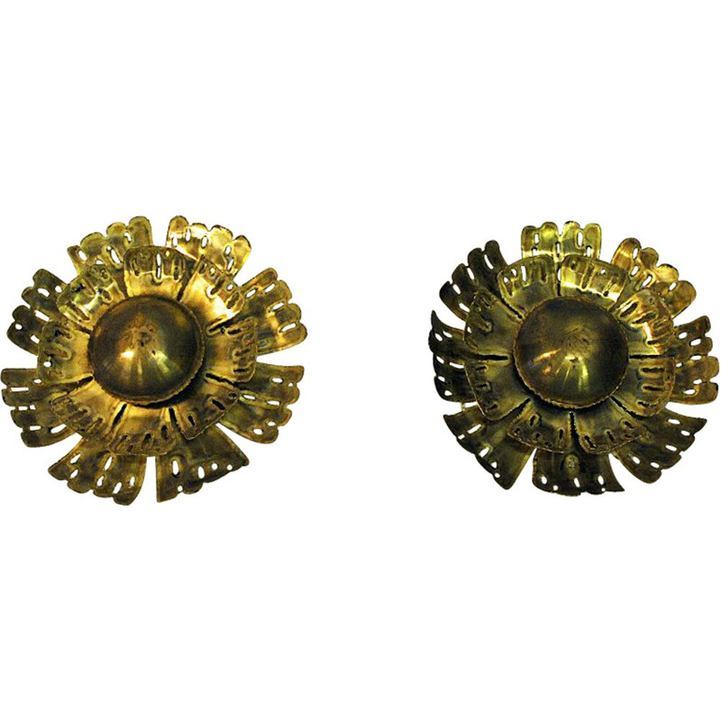 Pair of vintage Brutalist Brass Flower wall lamps by Svend Aage Holm-Sorensen, Danish 1960s