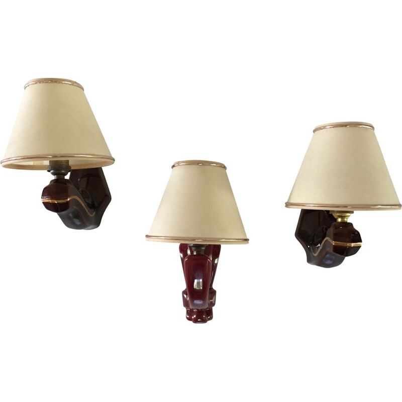 Set of 3 vintage enamelled ceramic wall lights 1940s