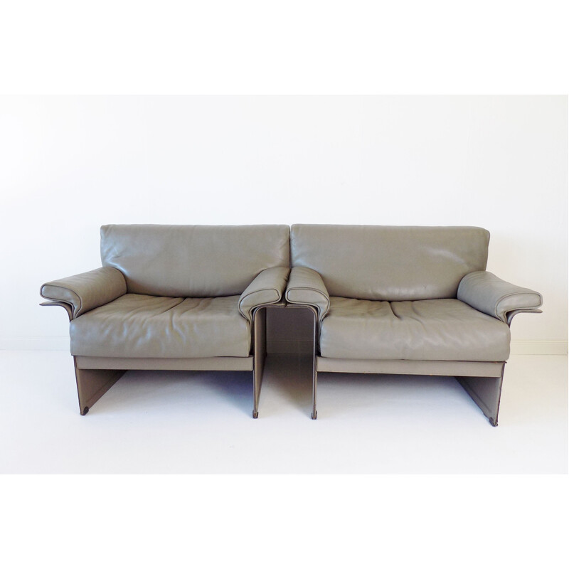 Pair of vintage leather armchairs gray Matteo Grassi KM by Tito Agnoli 1980s