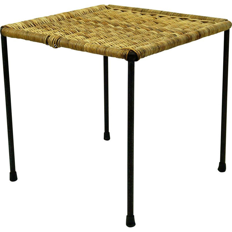 Vintage Black Steel and Wicker Side Table or Stool by Carl Auböck, Austrian 1950s