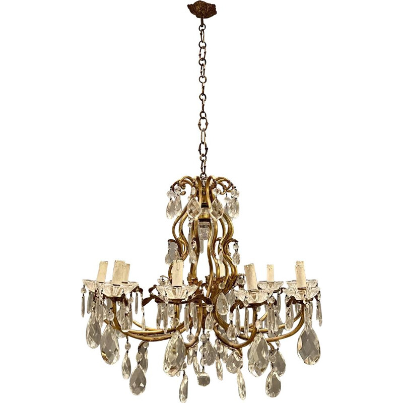 Large vintage Crystal Bronze Chandelier 1950s