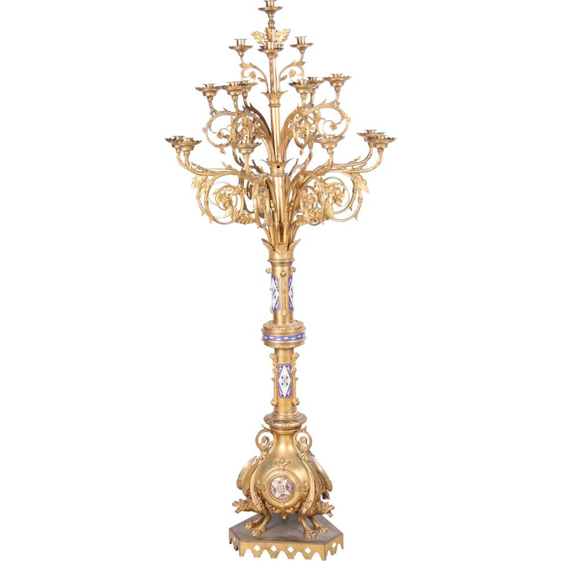 Grand chandelier vintage à 18 branches en bronze géogothique doré