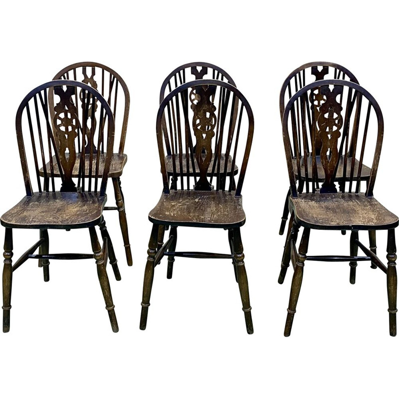 Set of 6 vintage elm bistro chairs, English 1970s