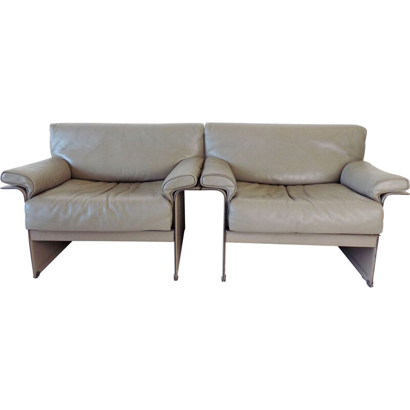 Pair of vintage leather armchairs gray Matteo Grassi KM by Tito Agnoli 1980s