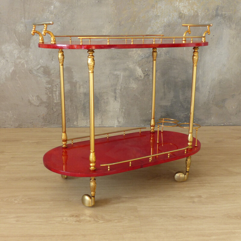 Vintage red goat leather trolley by Aldo Tura Italy 1959