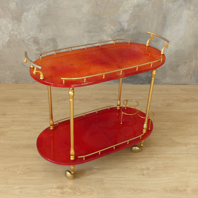 Vintage red goat leather trolley by Aldo Tura Italy 1959